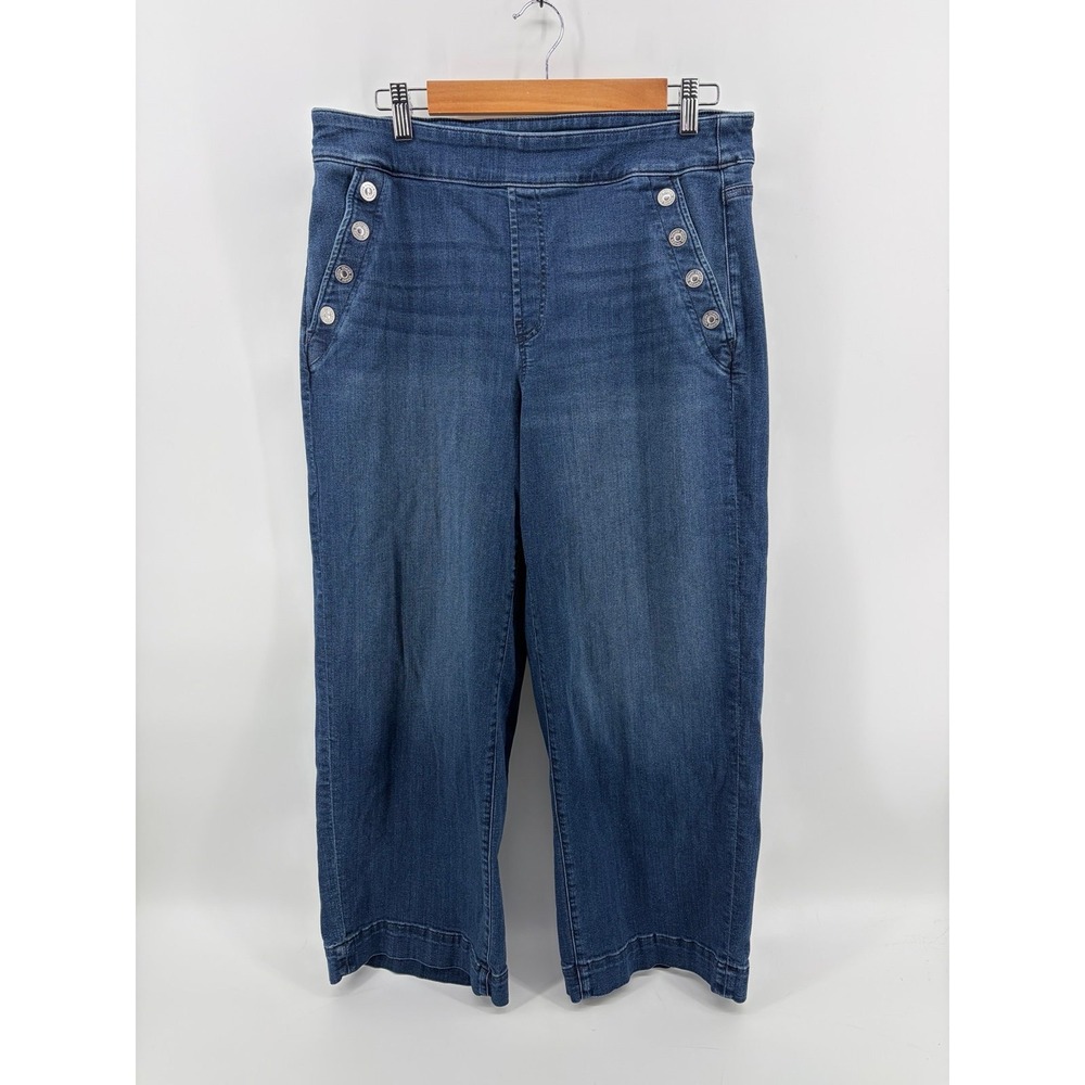 Chicos Pull On Wide Leg Ankle Jeans, Sailor Button, Dark Wash Denim, Sz 12 (2)